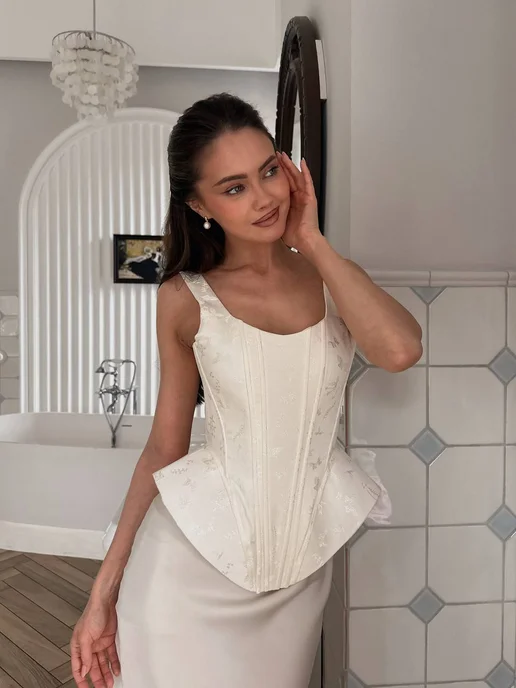 KATHRIN Корсет вечерний с баской с лямками на шнуровке, белый, фото 4