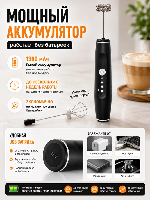Капучинатор электрический USB для молока, 2 насадки, черный, фото 5