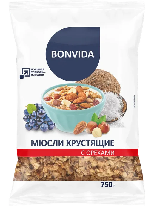 Мюсли хрустящие BONVIDA с орехами 750г, 750 г