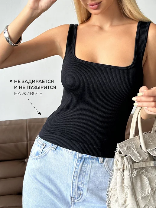 KODALIFE Майка бельевая топ в рубчик на широких бретельках, черный, фото 8
