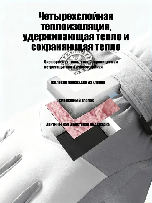 Перчатки сноубордические утеплённые ветрозащитные тачскрин, белый, фото 5