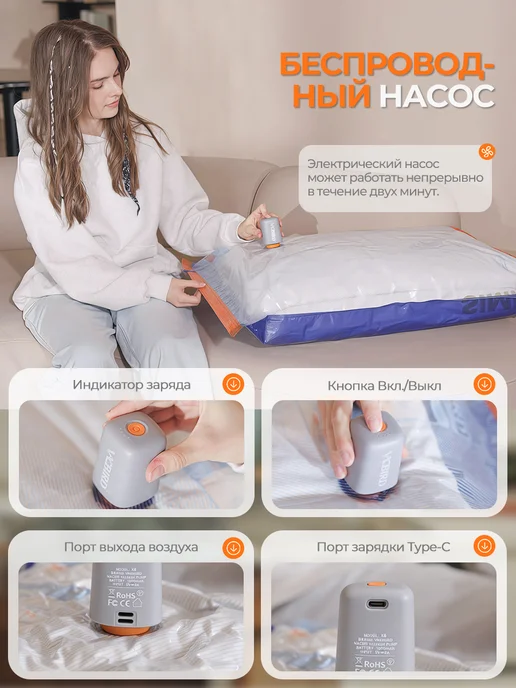 Vacbird Вакуумные пакеты для одежды с электронасосом, синий, 9 шт, фото 4