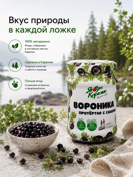 Ягоды Карелии Вороника протертая с сахаром 280г (12 шт.), 280 г, 12 шт, фото 5