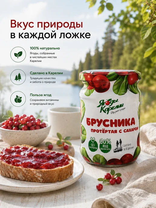 Ягоды Карелии Брусника протертая с сахаром 280г (12 шт.), 280 г, 12 шт, фото 5