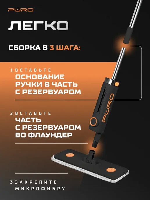 puro Швабра с распылителем для пола, спрей и 2 насадки микрофибра, черный, фото 6