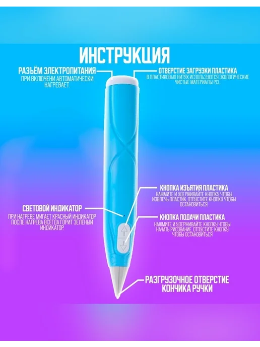 Нет бренда Голубая 3D ручка с блоком питания и PCL пластиком, голубой, фото 2