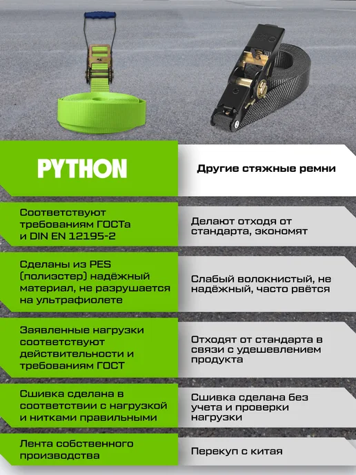 Python Ремень стяжной с храповым механизмом 10 т, 6 м - 50 мм, вариант, фото 8