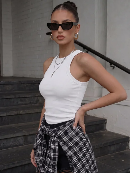 Ikat wear Майка женская летняя топ под пиджак базовый в рубчик, белый, фото 8