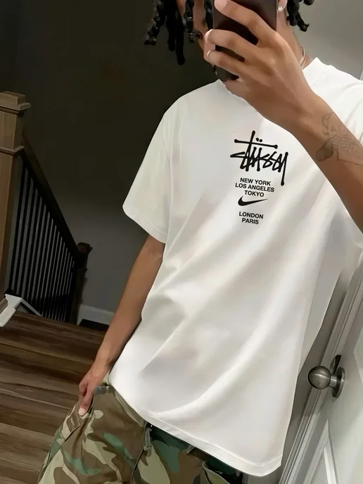THE WEEKEND Футболка оверсайз с принтом stussy, белый, фото 3