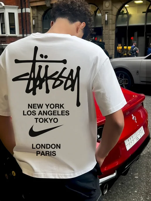 THE WEEKEND Футболка оверсайз с принтом stussy, белый, фото 4
