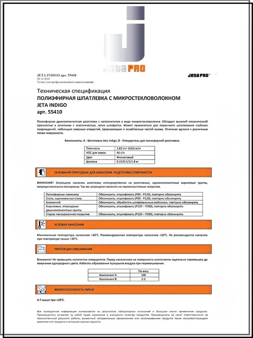 JETA PRO Шпатлёвка полиэфирная 55410 INDIGO 0,5кг, 1 кг, фото 5