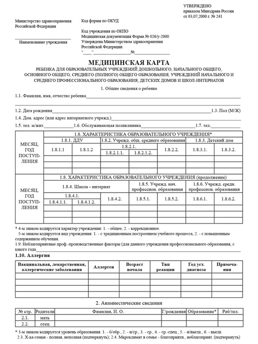 Сити Бланк Медицинская карта ребенка для образовательных учреждений, вариант