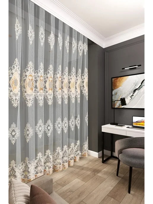 Тюль сетка с вышивкой и бархатной каймой 200х250, 200x250