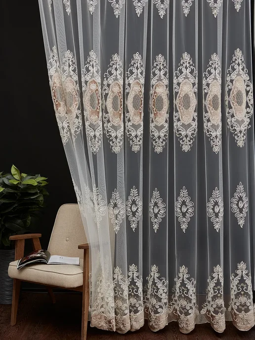 Тюль сетка с вышивкой и бархатной каймой 200х250, 200x250, фото 3