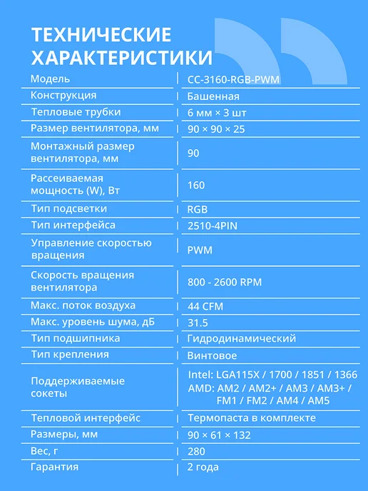 CBR Кулер для процессора CC-3160-RGB-PWM, 1 вентилятор, вариант, фото 2