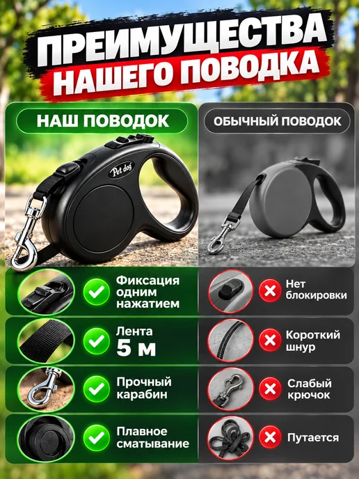 Поводок рулетка 5 метров до 20 кг для собак, 5 м, 20 кг, фото 3