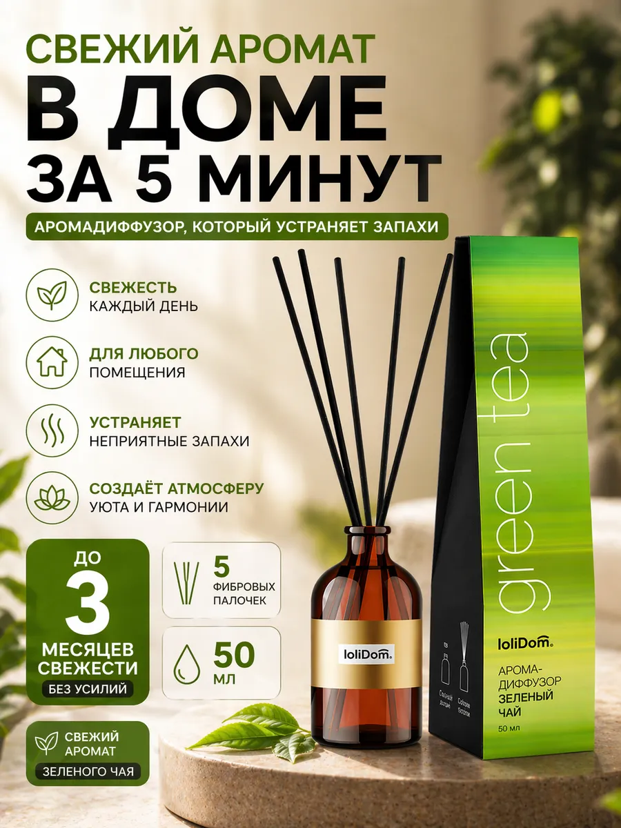 Аромадиффузор Зеленый чай 50 мл для дома с палочками парфюм