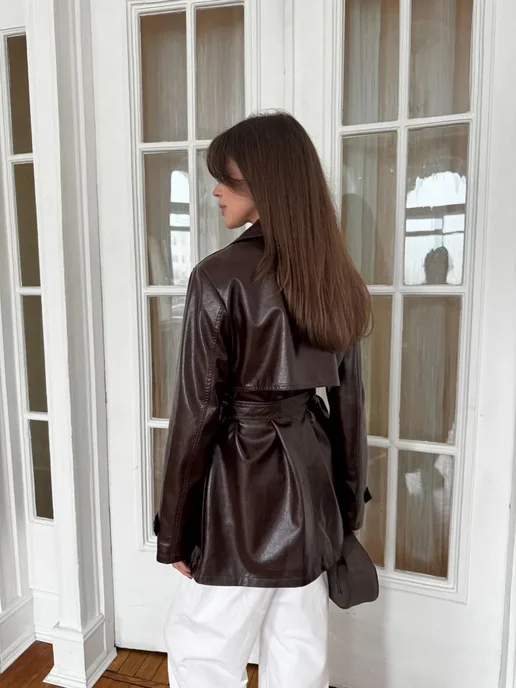 JOJOLADY Плащ тренч кожаный короткий лаковый, коричневый, фото 4