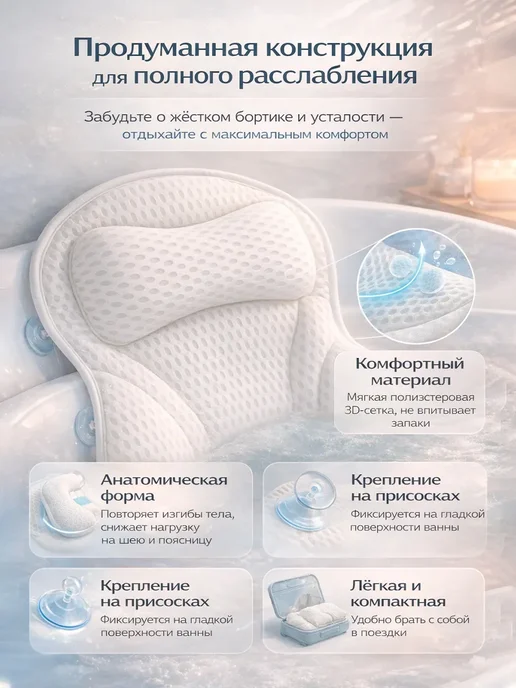 Lunvella Подголовник для ванны с присосками, подушка под шею и голову, в ванную на присосках, фото 2