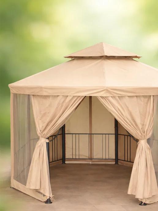 Tent-chehol Комплект для беседки Гексагон тент и шторы, бежевый, бежевый, фото 4