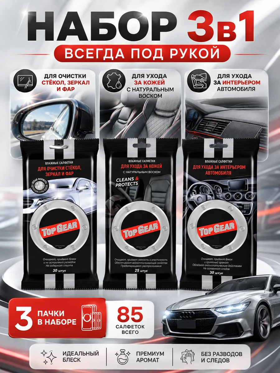 Влажные салфетки для автомобиля в салон TOP GEAR
