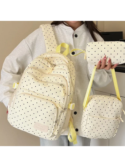 3 в 1 рюкзак для детей nylon в горошек, для школы, бежевый, фото 4