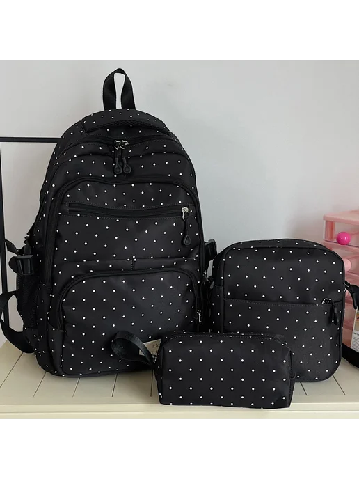3 в 1 рюкзак для детей nylon в горошек, для школы, черный, фото 2