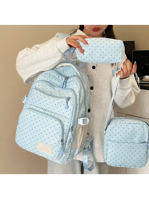3 в 1 рюкзак для детей nylon в горошек, для школы, синий, фото 6