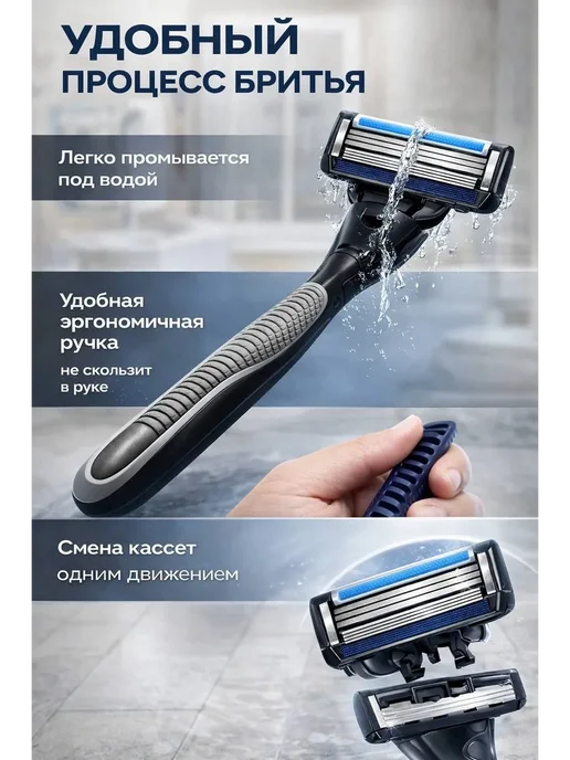 Аминя Станок для бритья мужской — бритва с 8 сменными кассетами, черный, фото 4