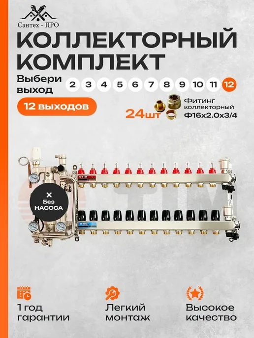 TIM Коллектор для теплого пола на 12 контуров до 140 кв м, черный