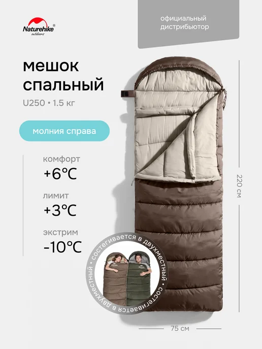 Спальный мешок Naturehike U250, 220х75 см, коричневый, молния справа, коричневый