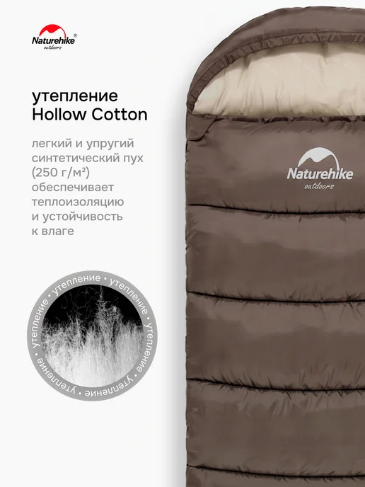 Спальный мешок Naturehike U250, 220х75 см, коричневый, молния справа, коричневый, фото 4