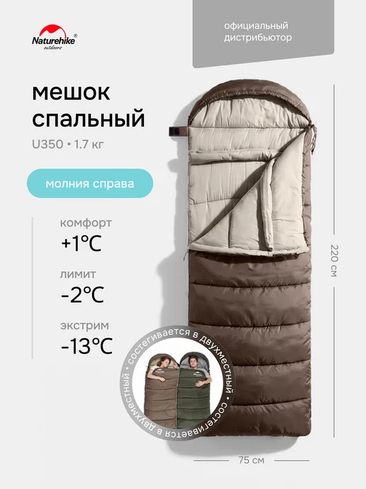 Спальный мешок Naturehike u350 / до -13C, 1.7 кг, коричневый, молния справа / состегивается в двухместный спальник, коричневый
