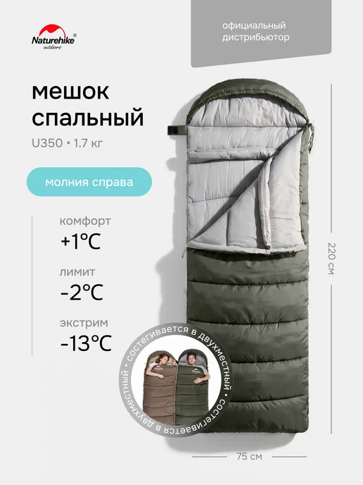 Спальный мешок Naturehike u350 / до -13C, 1.7 кг, коричневый, молния справа / состегивается в двухместный спальник, зеленый