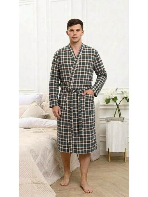 DOMINI STORE Халат хлопковый тонкий для дома для бани, зеленый