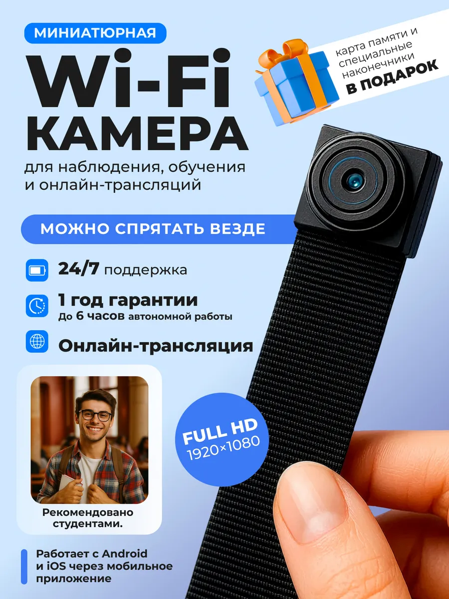 Мини камера видеонаблюдения Wi-Fi беспроводная со звуком для дома, через телефон