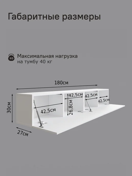 StroyKa Тумба под телевизор подвесная 180 см Белый матовый 2 модуля, белый, фото 7