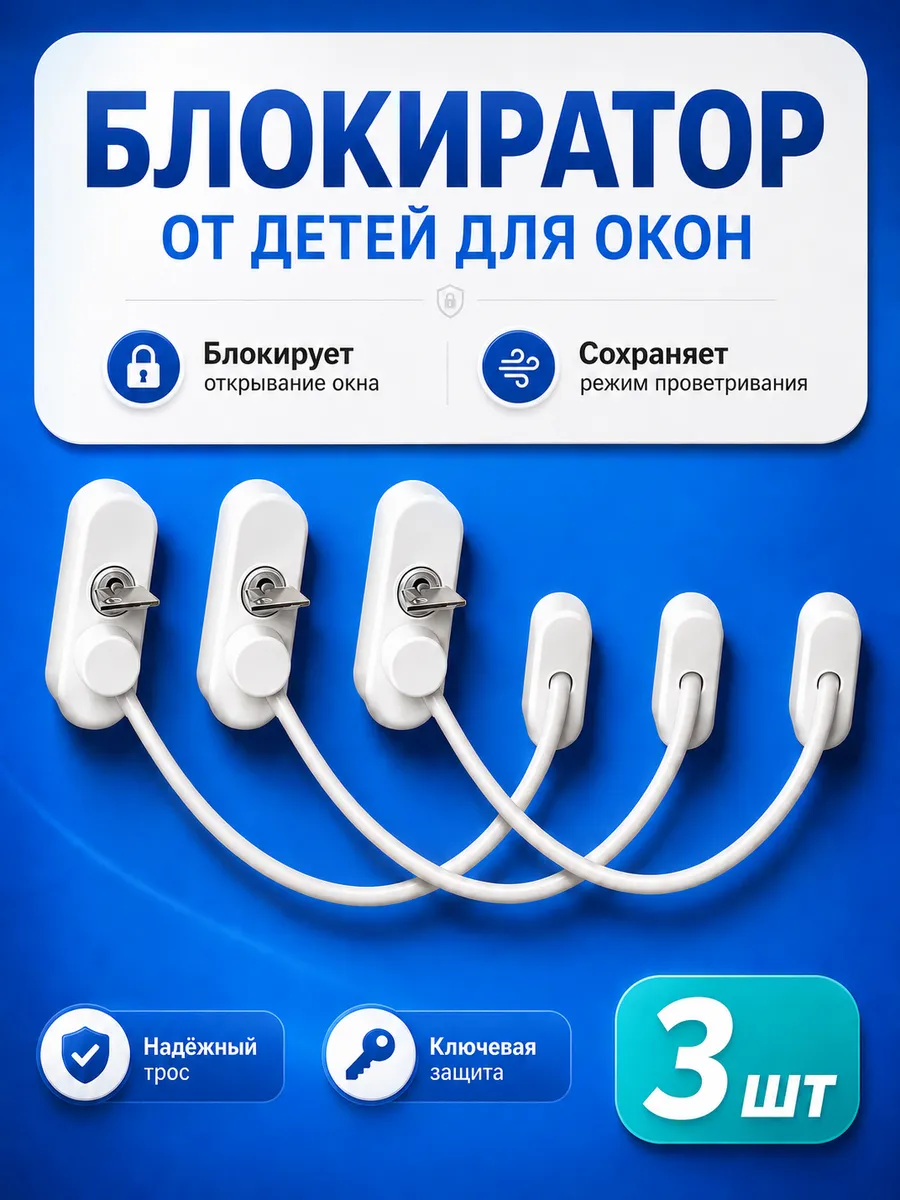 Замок на окно от детей с тросом и ключом