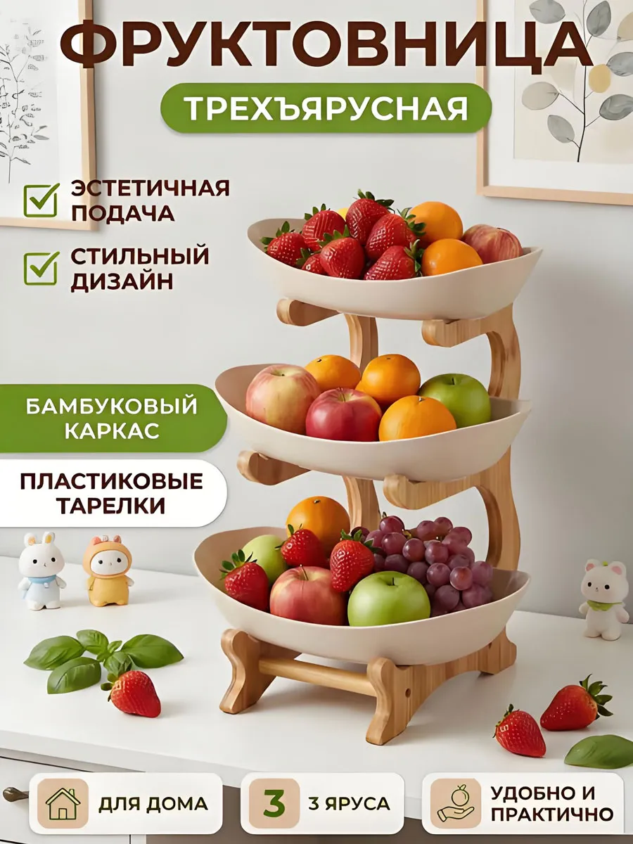 Фруктовница 3-х ярусная Многоярусная этажерка деревянная