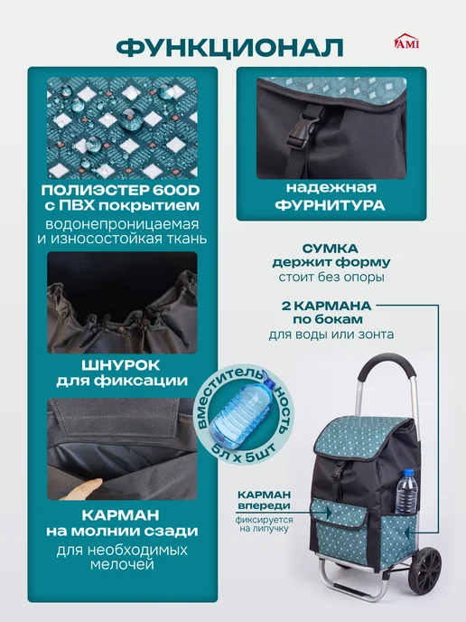 AMI Сумка женская тележка на колесах хозяйственная с ручкой, голубой, фото 4