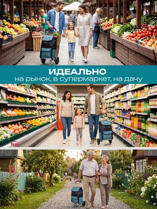 AMI Сумка женская тележка на колесах хозяйственная с ручкой, голубой, фото 7