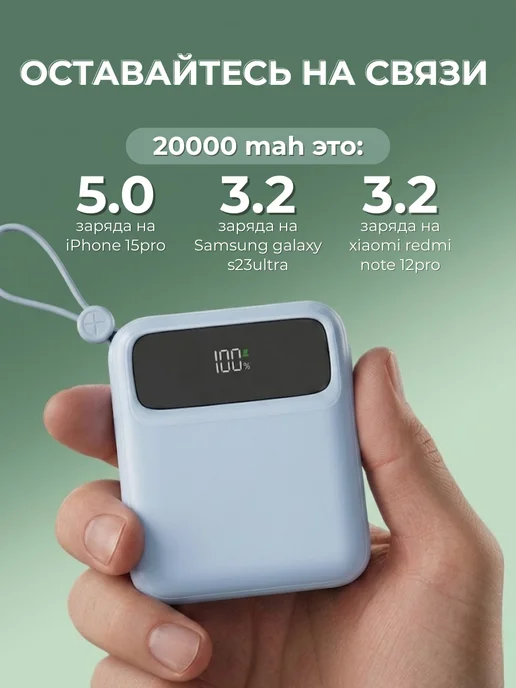 ZOMN Power bank 20000 2.1а 22W с быстрой зарядкой маленький, 20000 мАч, 22 Вт, фото 5
