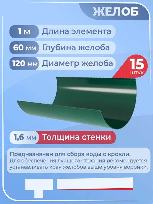 Grand Line Комплект водосточной системы 15 м зеленый 6005 1сл 1м Гранд, 15 м, 1 м, фото 4