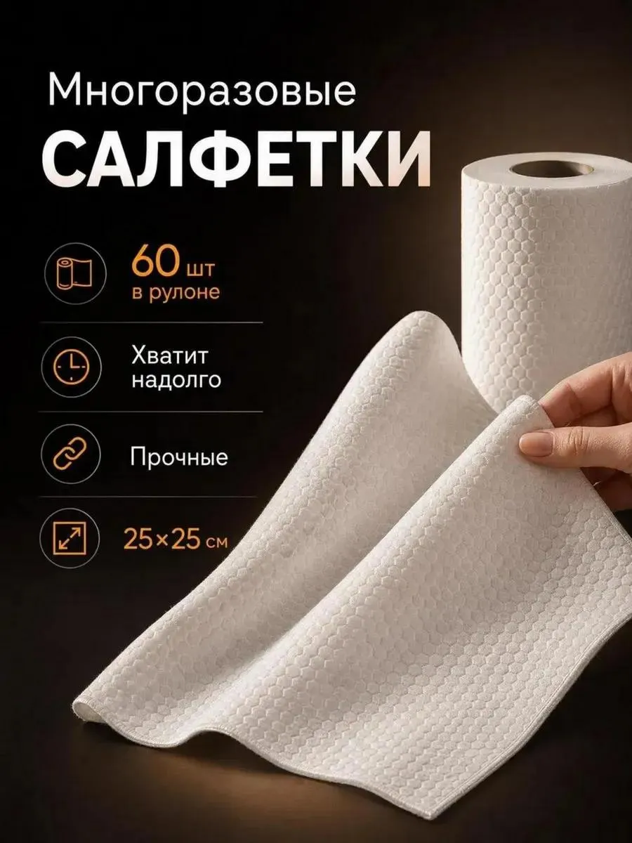 Салфетки для уборки безворсовые многоразовые в рулоне 60 шт