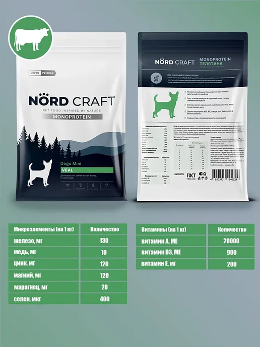 Сухой корм NordCraft Monoprotein для собак, мелкие, телятина, 1,5 кг, фото 5