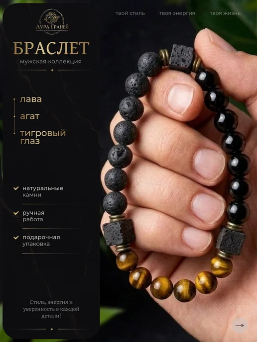 Аура Граней Браслет из натуральных камней агат, лава, тигровый глаз, черный