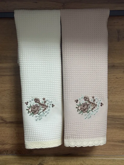 Towels A Набор полотенец вафельных с вышивкой и кружевом (2 шт.), 2 шт, фото 5