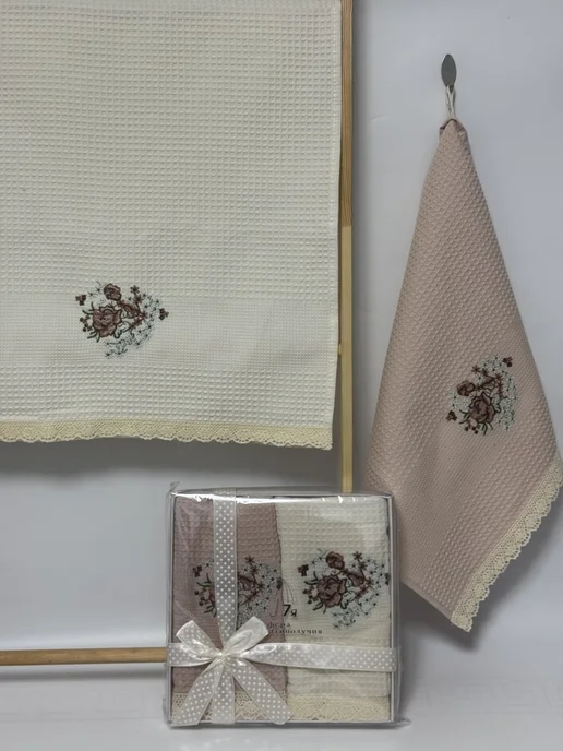 Towels A Набор полотенец вафельных с вышивкой и кружевом (2 шт.), 2 шт, фото 6