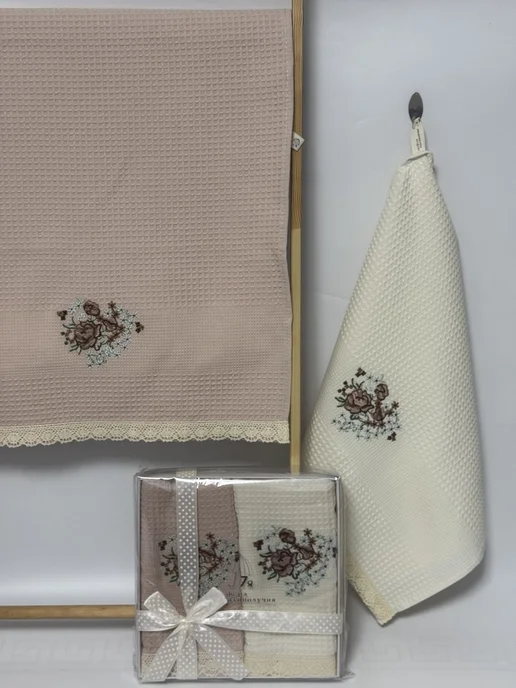 Towels A Набор полотенец вафельных с вышивкой и кружевом (2 шт.), 2 шт, фото 7