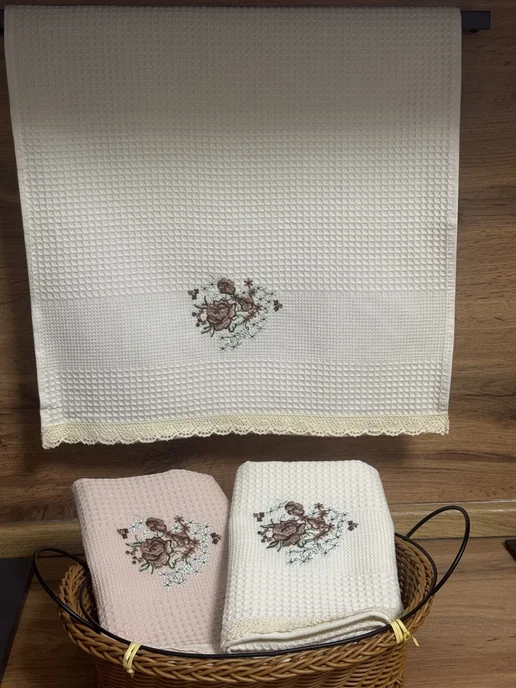 Towels A Набор полотенец вафельных с вышивкой и кружевом (2 шт.), 2 шт, фото 8